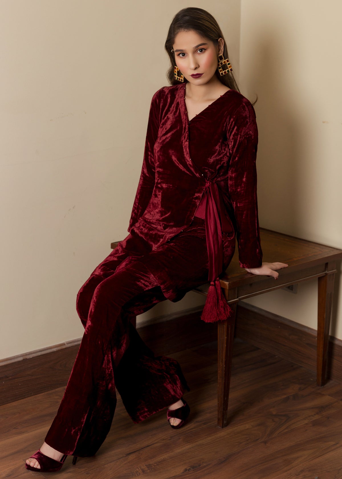 Maroon Velvet Co ord Set with Silk Belt and Tassels